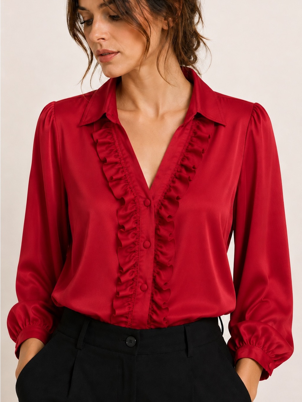 Jaclyn Smith Red Satin Ruffle Button Front 3/4 Balloon Sleeve Blouse Women’s M